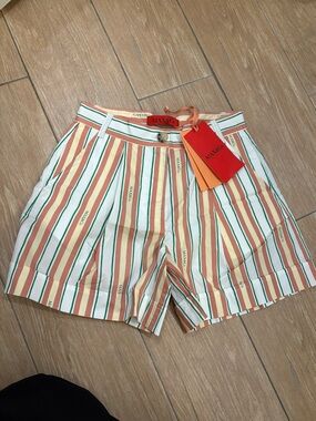 Kids Logo Striped Cotton Shorts in Cream, Tan & Green